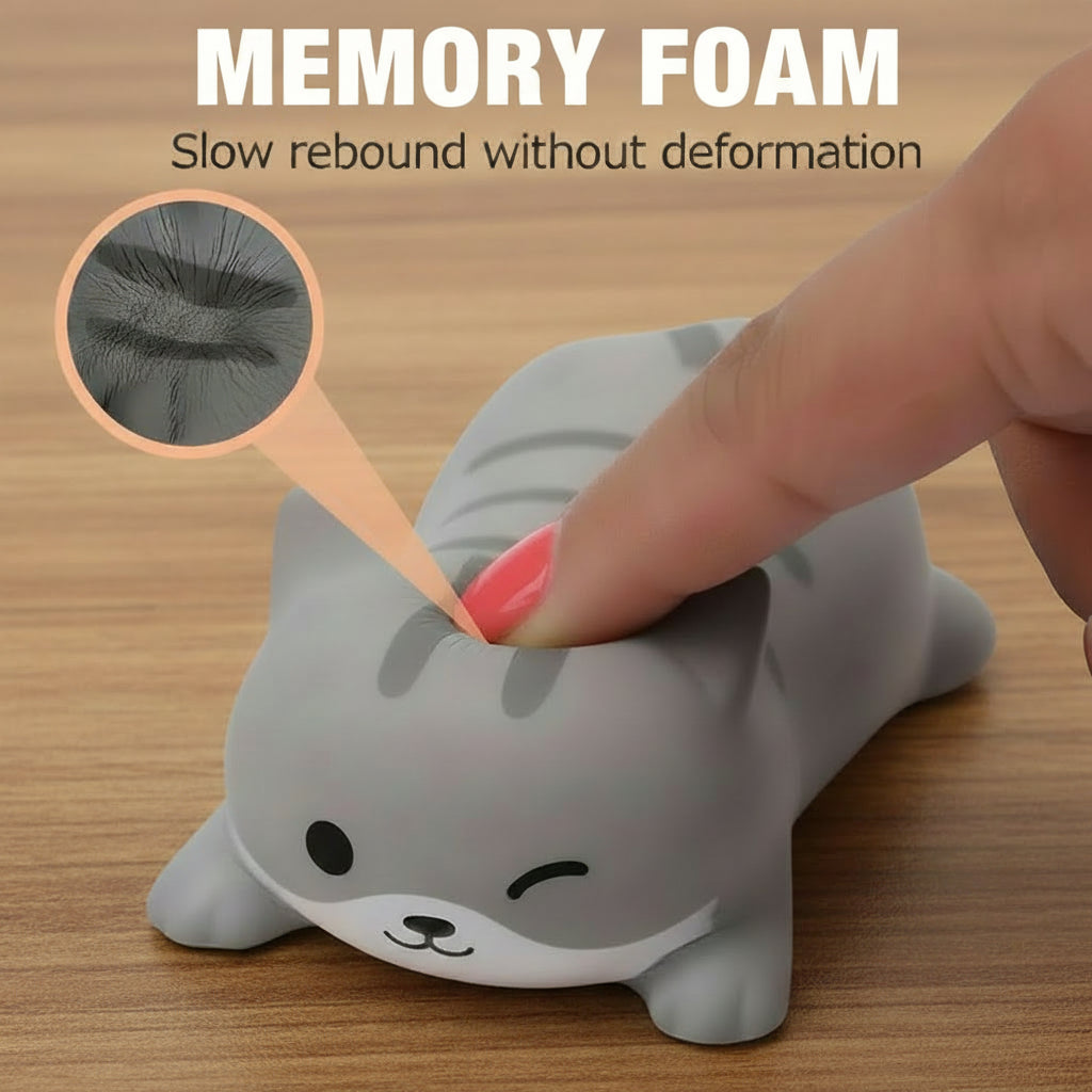 Gray shark-shaped memory foam wrist rest with a hand pressing into it, labeled 'Memory Foam' and 'Slow rebound without deformation'.
