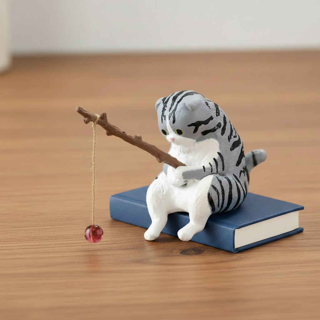Plush toy of a cat climbing a branch with a red ball on a desk