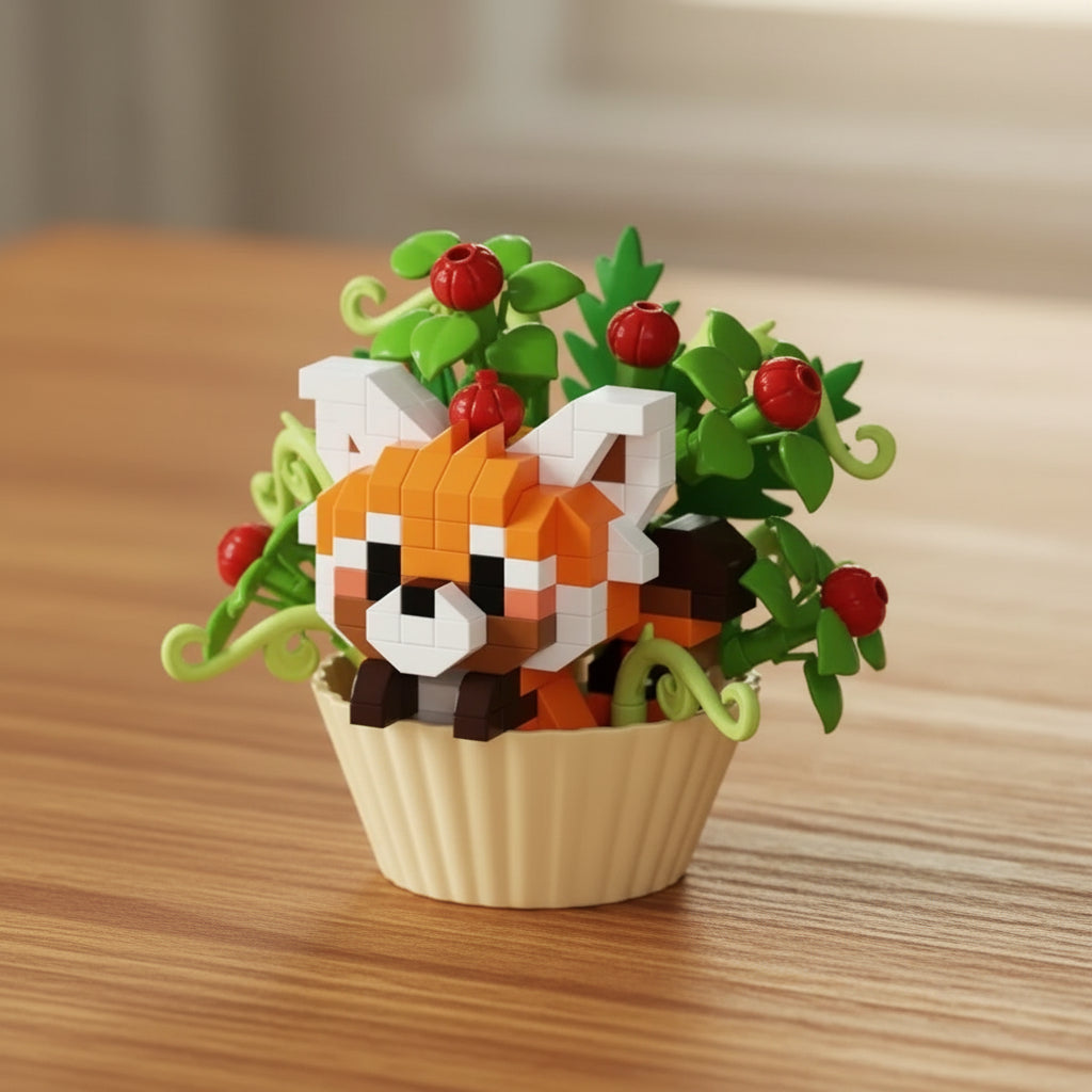 Toy figure of a red panda in a cupcake with greenery and berries on a light background
