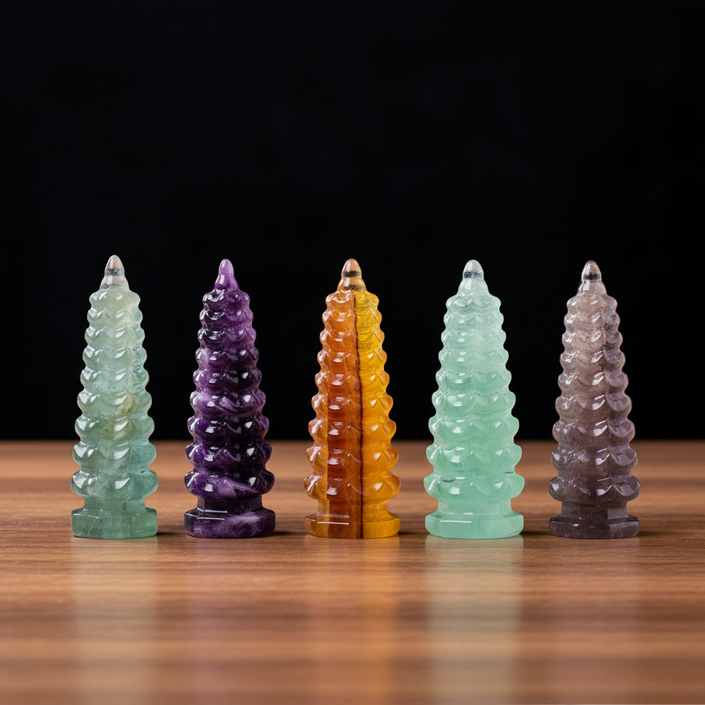 Five crystal towers of different colors on a deske with a black background