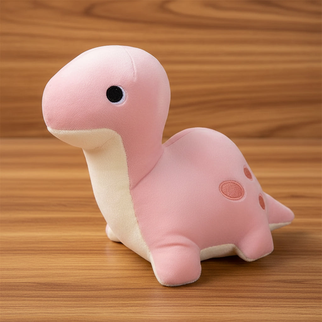 Pink dinosaur plush toy on a white background