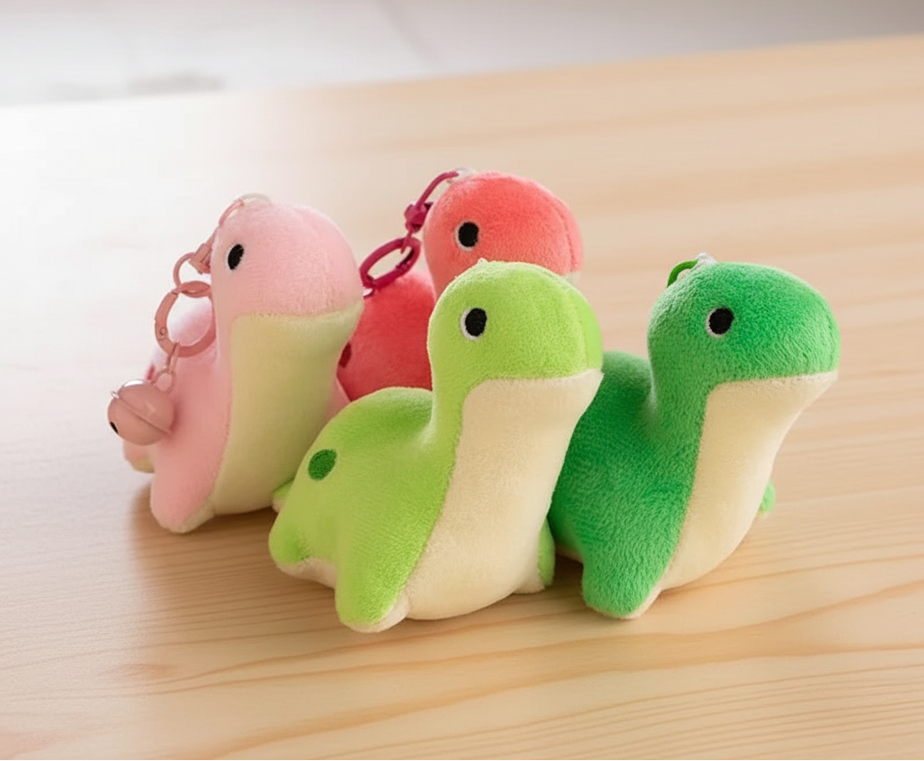 Three green plush toys resembling mini dino on a light surface with a beige drawer in the background.