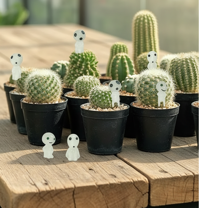 Small white figures with black eyes and mouths on top of green cacti in pots.