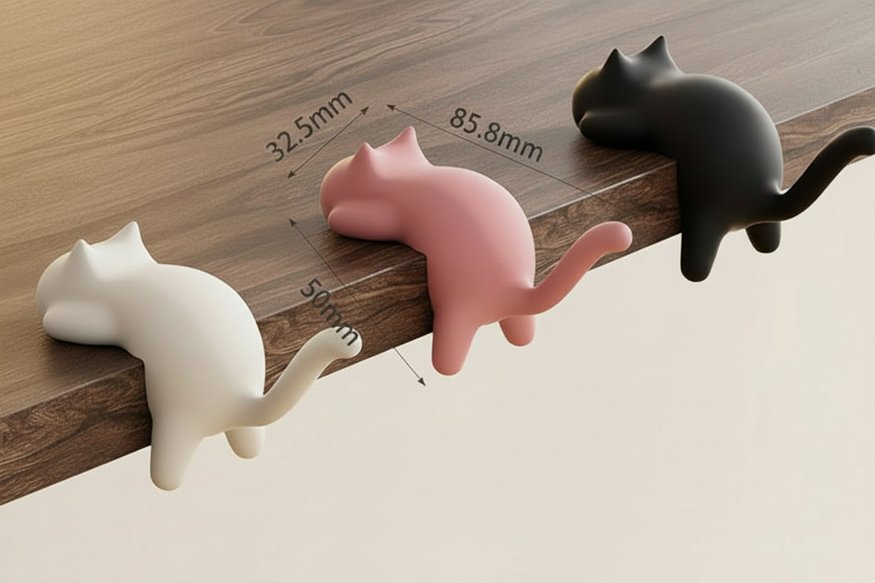Cat-shaped table side hook with measurements and product details on a desk.
