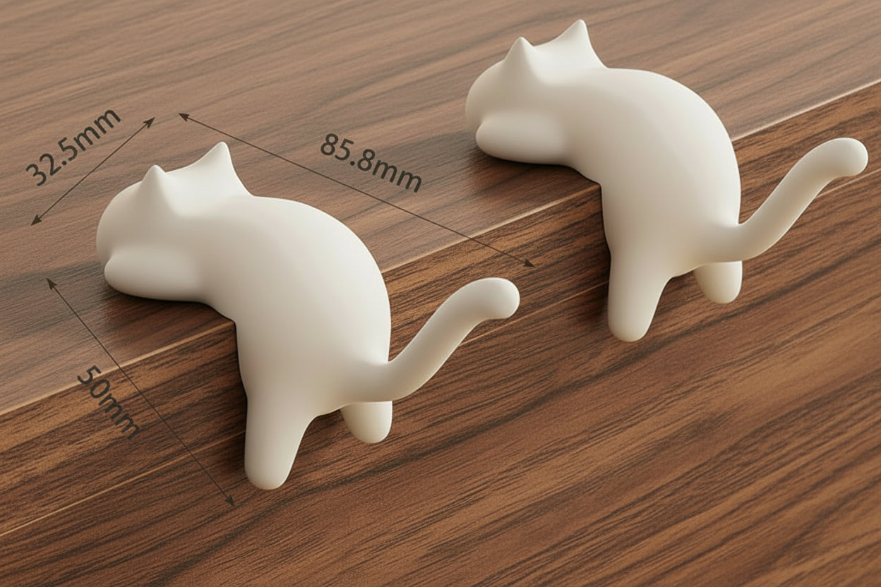 Cat-shaped table side hook with dimensions on a wooden surface