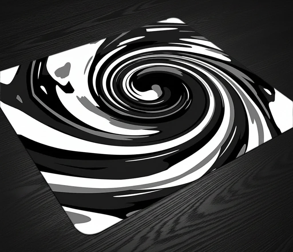 Black and white spiral design on a surface with small figurines in the background.