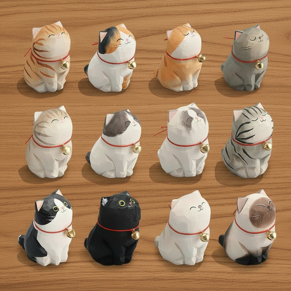  twelve cat-shaped figurines with different color combinations on a white background