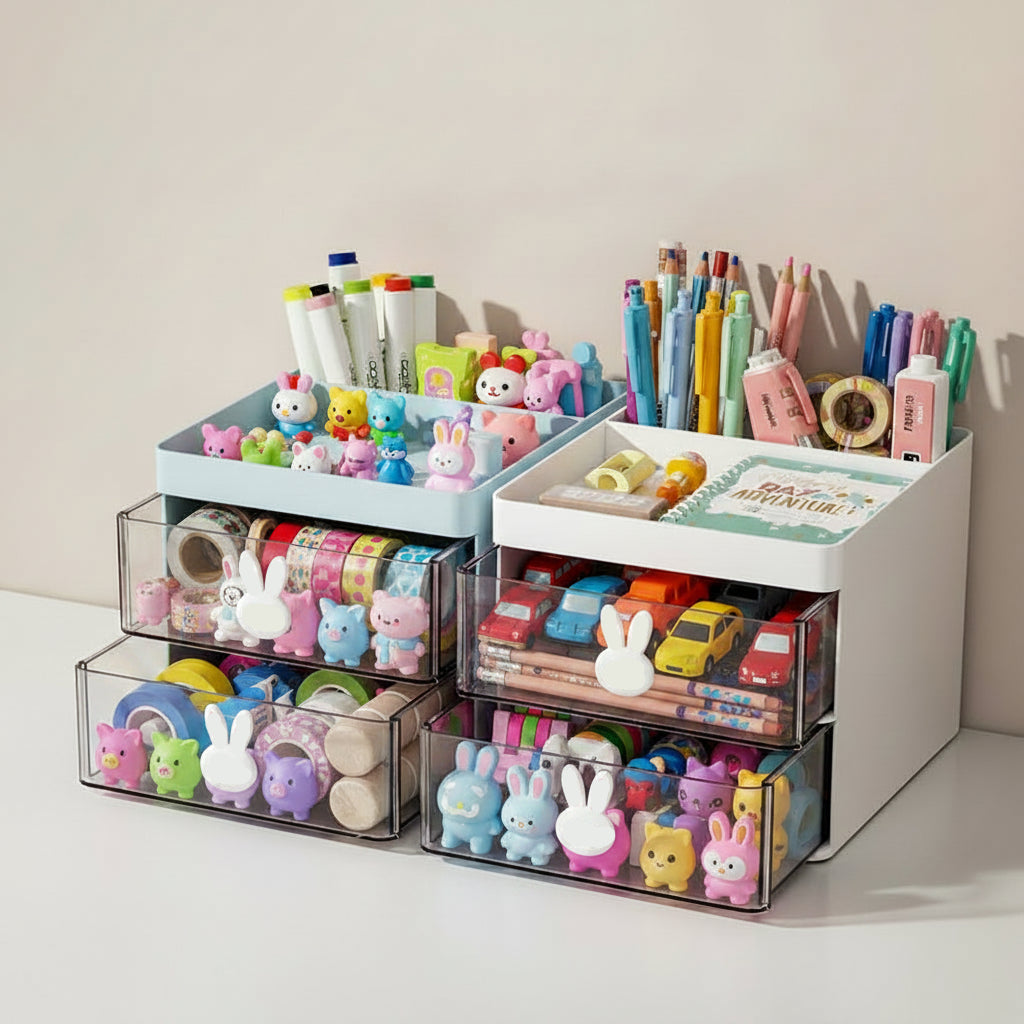 Set of clear and white storage drawers with stationery items on a light surface.