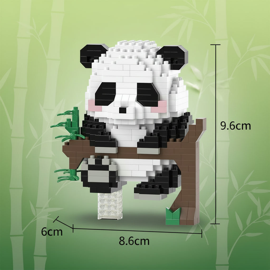 Panda-shaped building block toy with dimensions on a white background