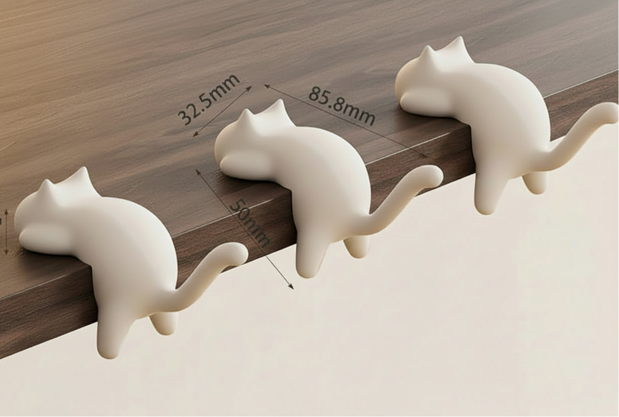 White cat-shaped desk organizers with measurements on a wooden surface.
