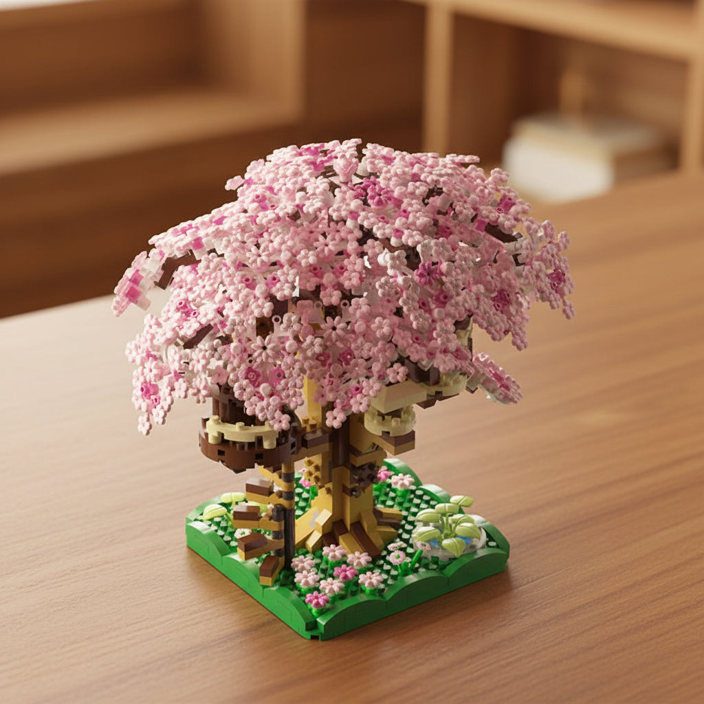 mini brick model of a cherry blossom tree on a table