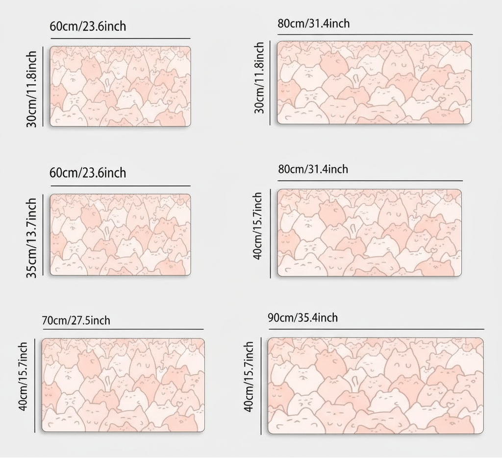 Measurement chart showing different sizes of pink patterned tiles with thickness details.