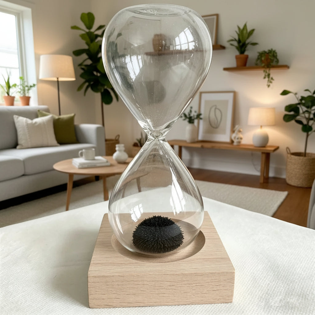 Glass hourglass with a black magnetic sand on a magnetic wooden base in a decorative setting.