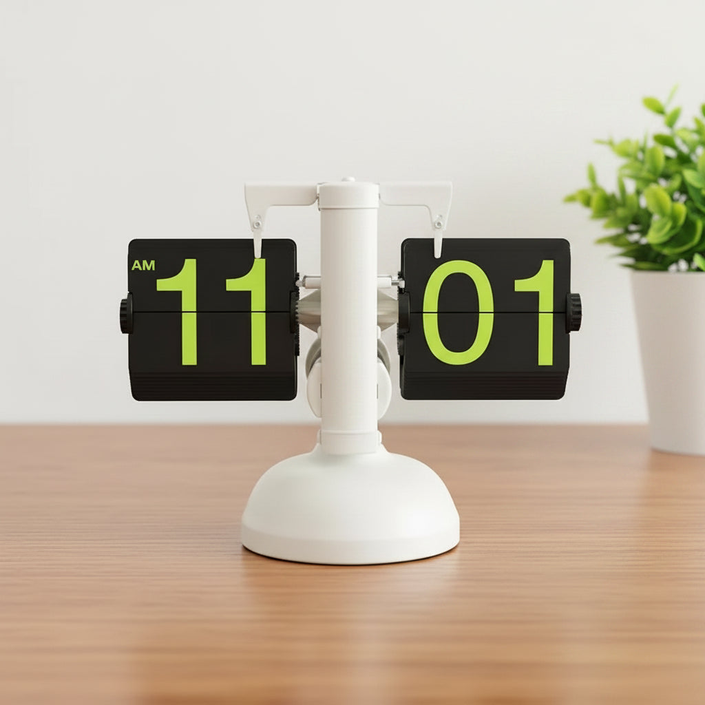 Flip clock attached to a light bulb held by a hand against a striped background