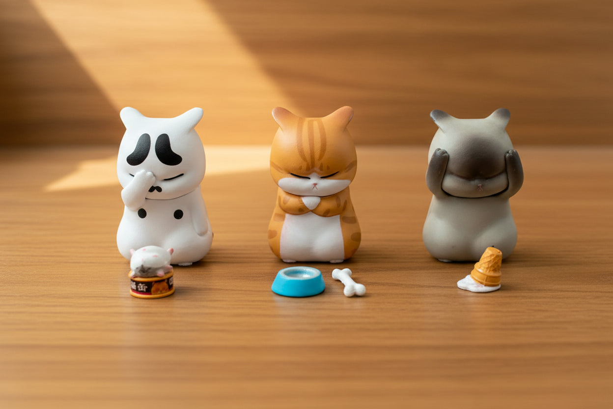 Three cat-shaped desk decorations on a car's gray dashboard with a close-up of two cat figures below.