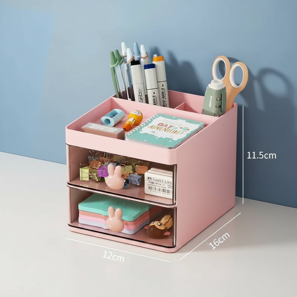 Pink desk organizer with stationery items on a wooden surface and blue wall background