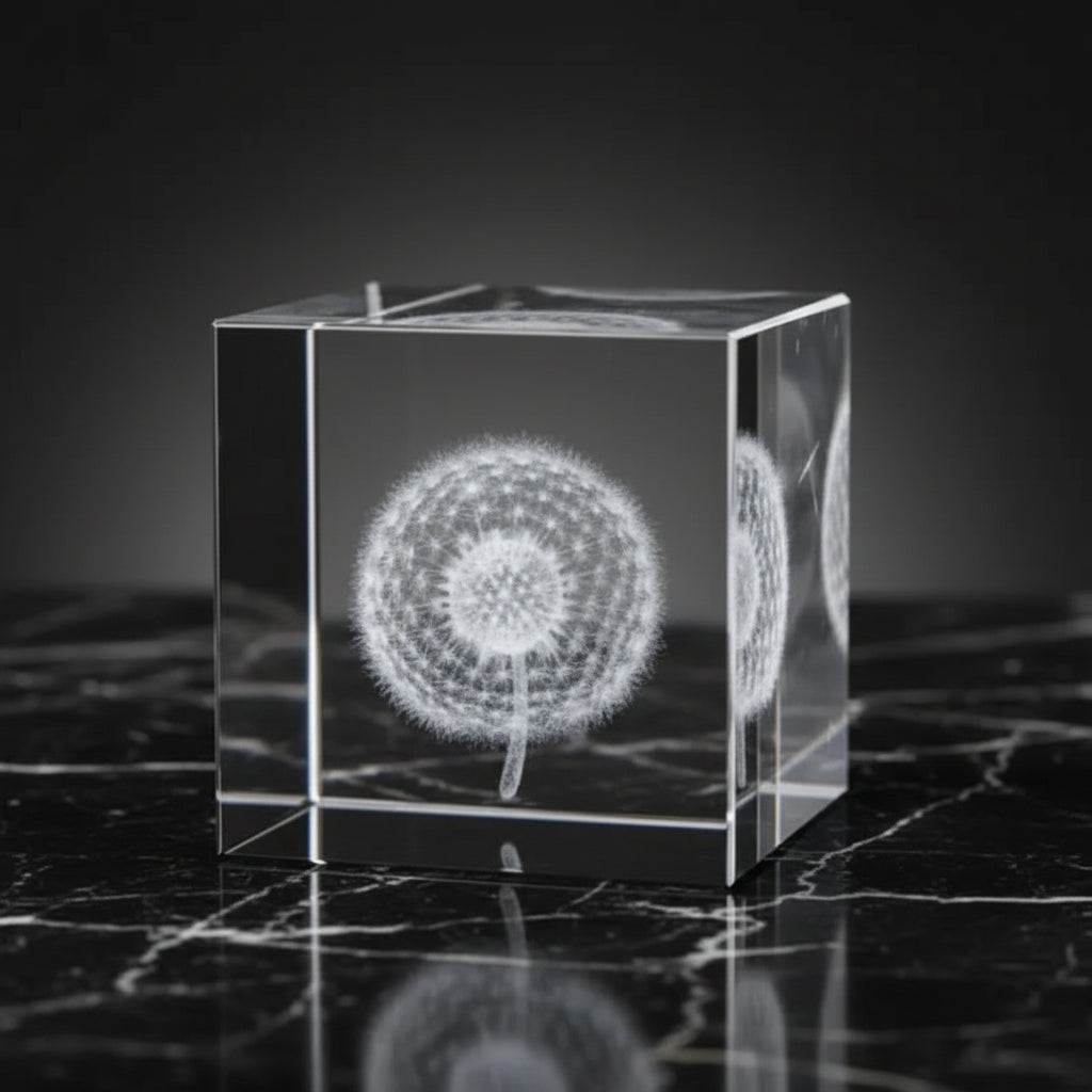 Clear crystal cube with 3D laser engraving of a dandelion on a dark background