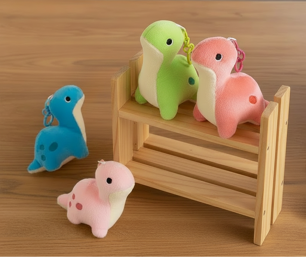 Colorful dinosaur toys hanging from a beige handbag on a light surface.