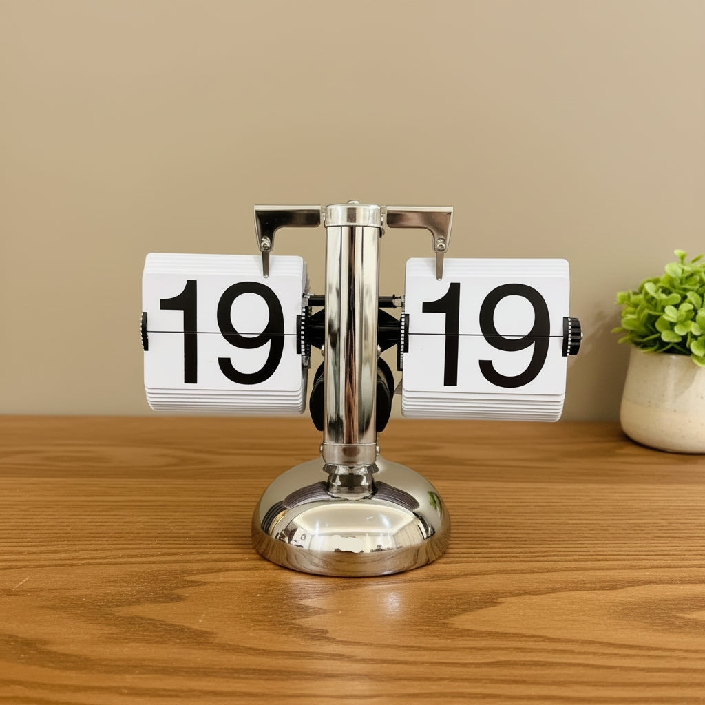 white flip clock with black numbers and silver base on wooden desk