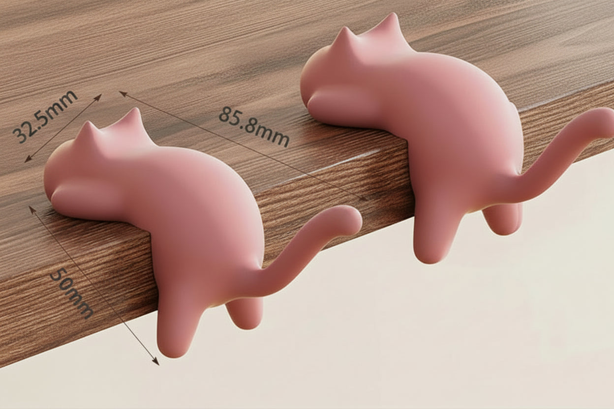 Pink cat-shaped table side hook with measurements on a wooden surface