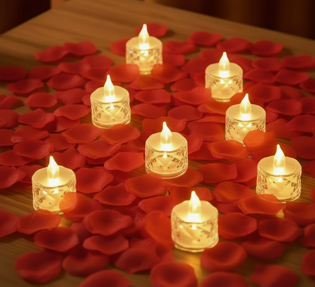 Flickering candles on red rose petals on a wooden surface