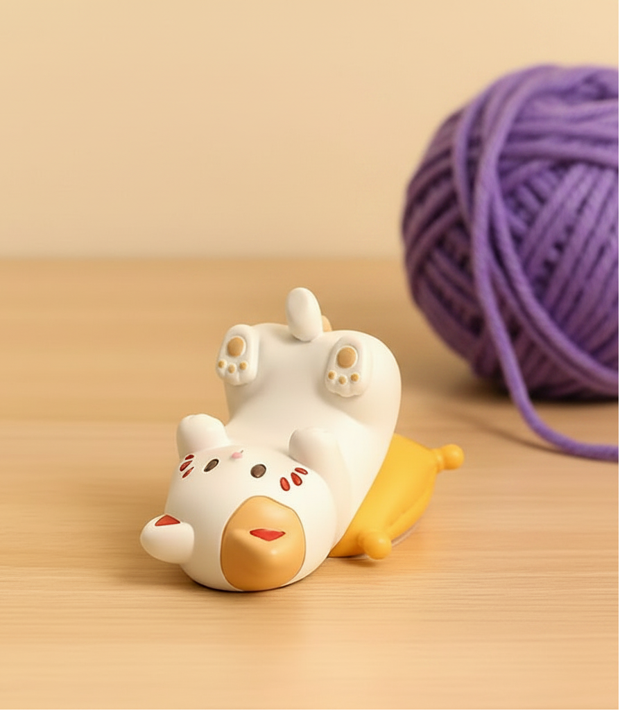 White cat-shaped phone holder on a wooden surface