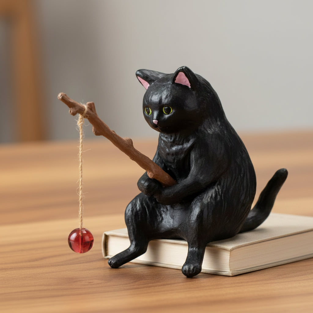 Black cat figurine with a string toy on a wooden surface