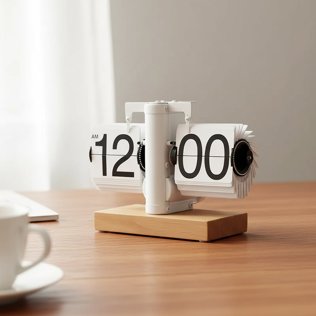 Mechanical desk clock with wooden base