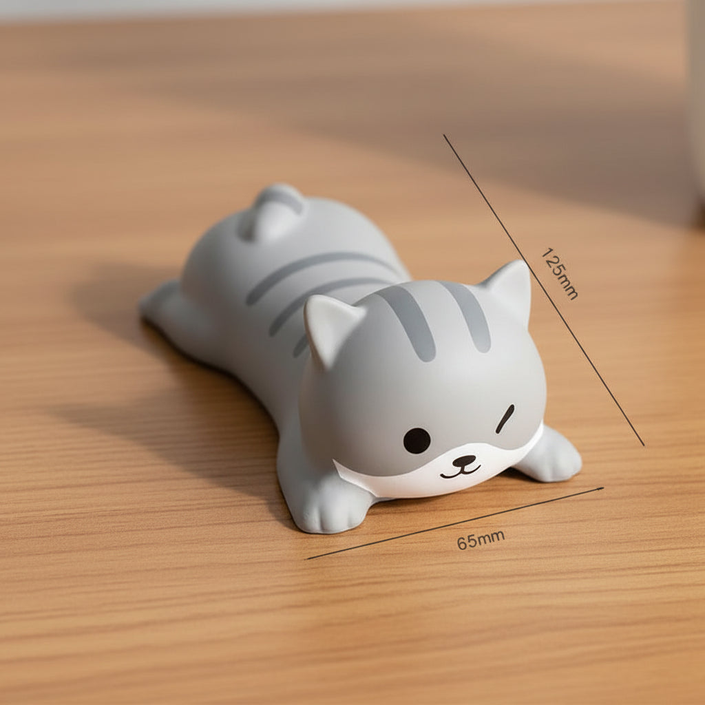 Gray cat-shaped hand rest with dimensions on a wood desk