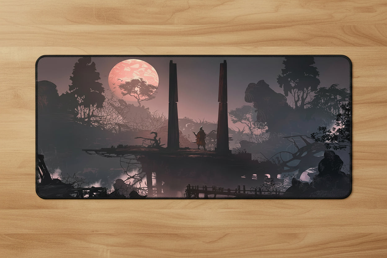 Desk setup with a large decorative mouse pad featuring a fantasy scene