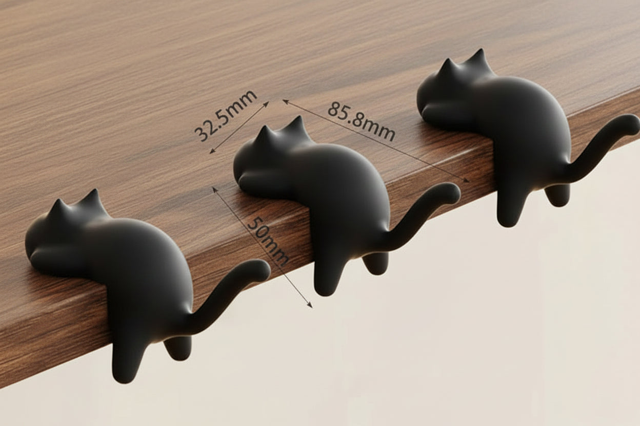 Black cat-shaped wall hooks on a wooden surface with measurements.