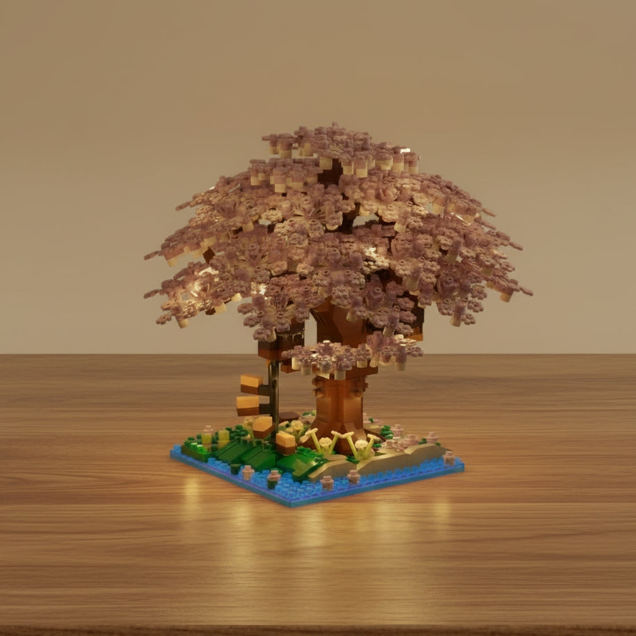 mini brick model of a cherry blossom tree on a wooden surface with warm lighting.