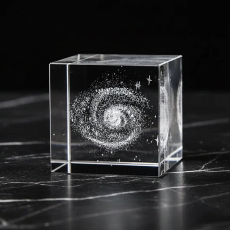 Clear cube with 3D galaxy engraving on a dark surface
