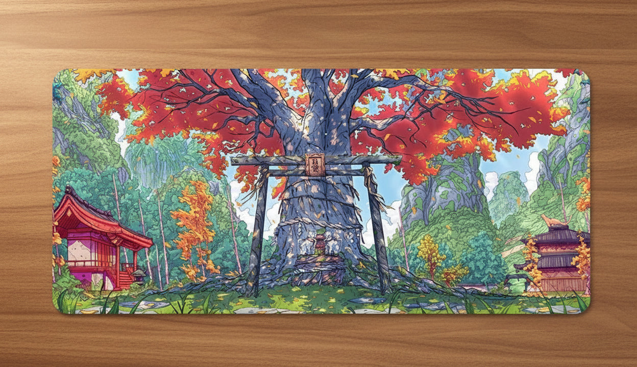 Desk mat with a scenic design of a tree and traditional Japanese architecture.