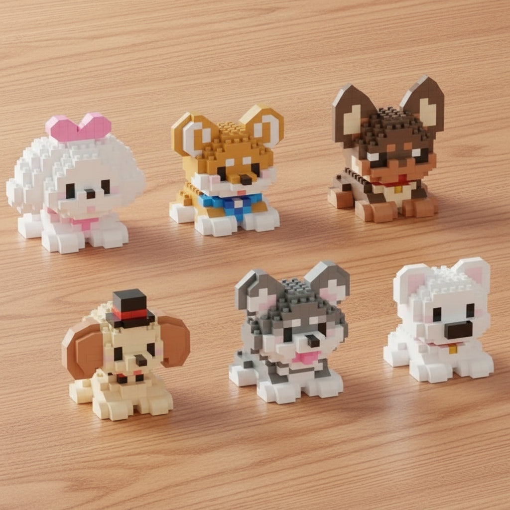 Collection of small dog-shaped building block figures on a desk