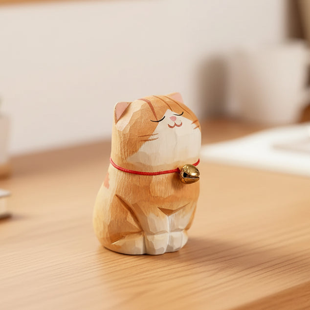 Wooden cat figurine with a bell on a wooden shelf