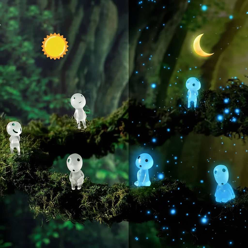 Glowing figures on a forest floor with sun and moon symbols above.