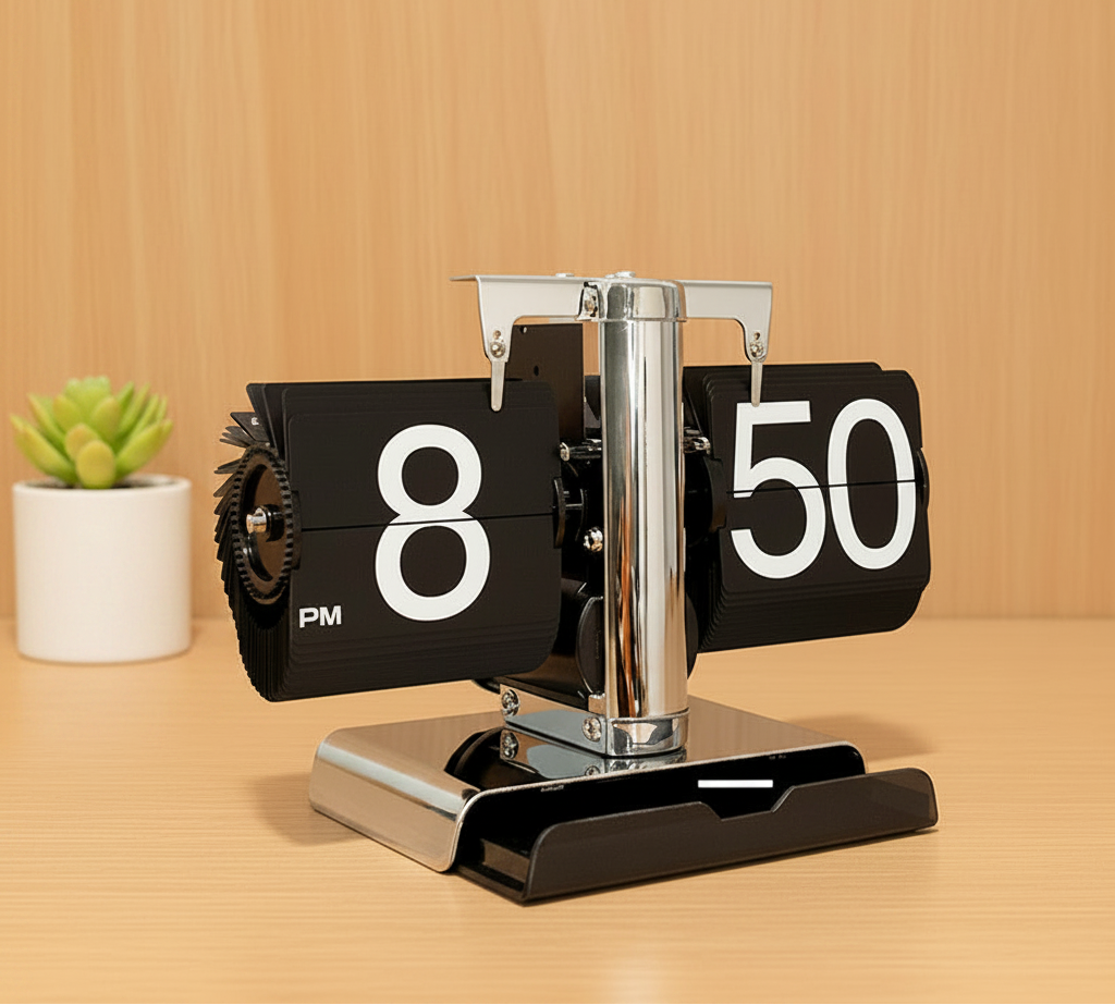Black and silver flip clock on a desk