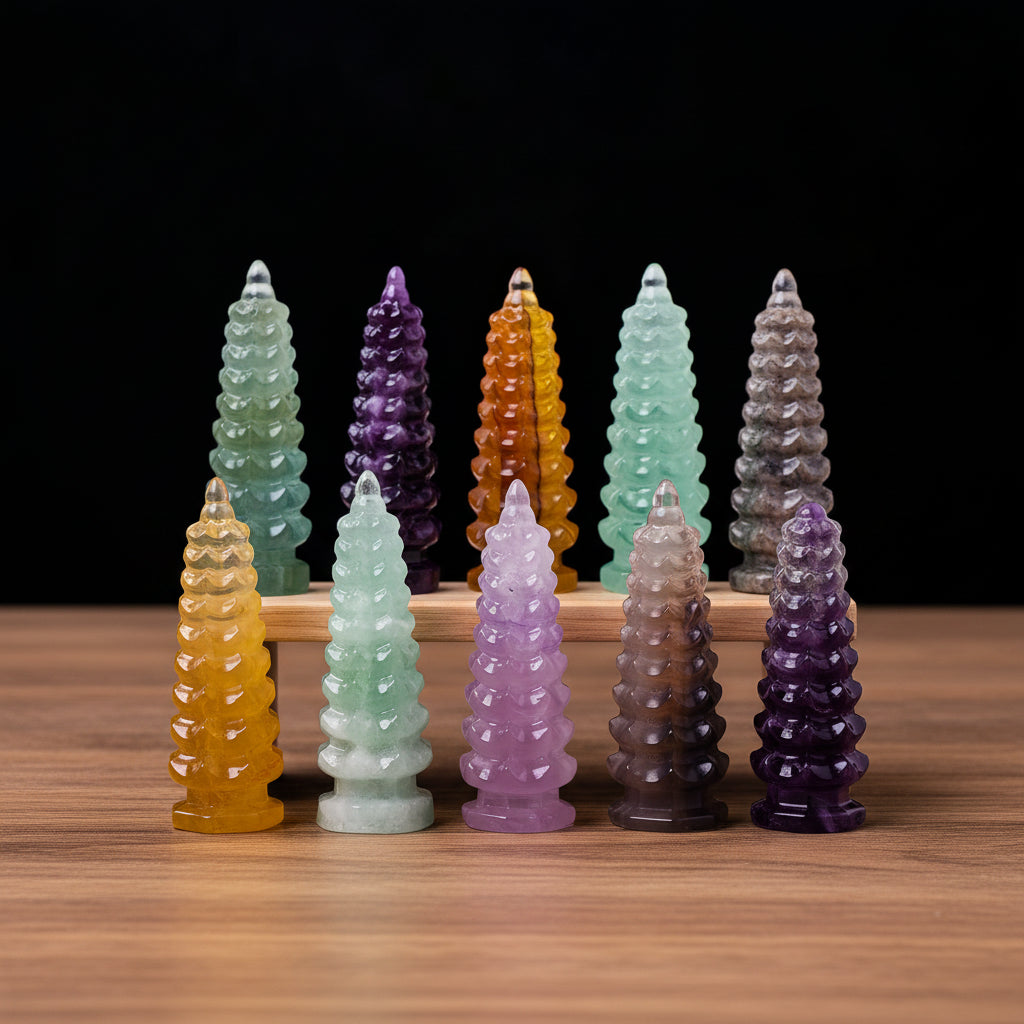 Set of colorful crystal towers on a white surface with a black background