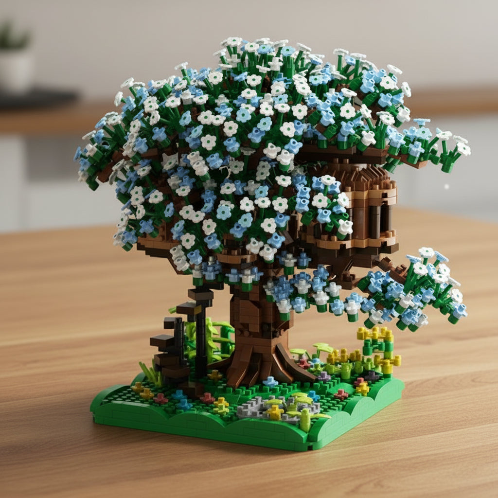 Detailed mini brick model of a tree with flowers on a wooden surface