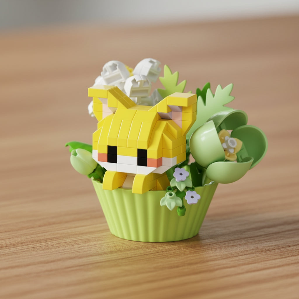 mini brick of a cat character in a green basket with flowers