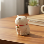 Wooden cat figurine with a red string and gold bell on a wooden surface.