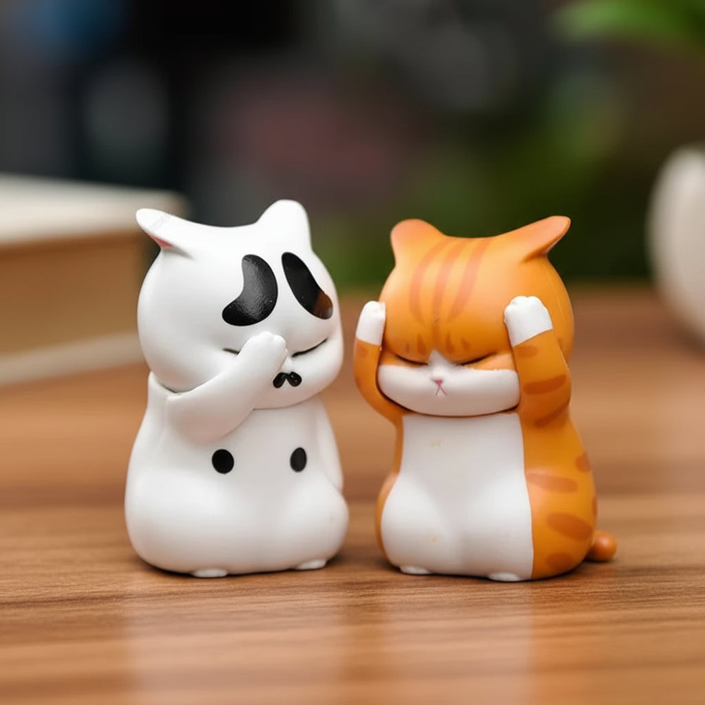 Two small cat figurines, one white with black spots and the other orange and white, held in a hand with a blurred background.