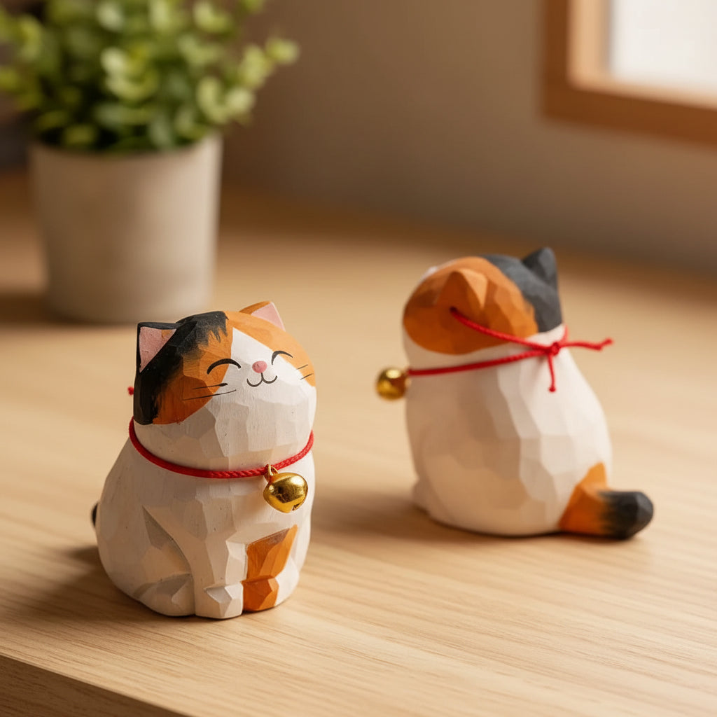 Two wooden cat figurines with bell collars on a wooden surface.