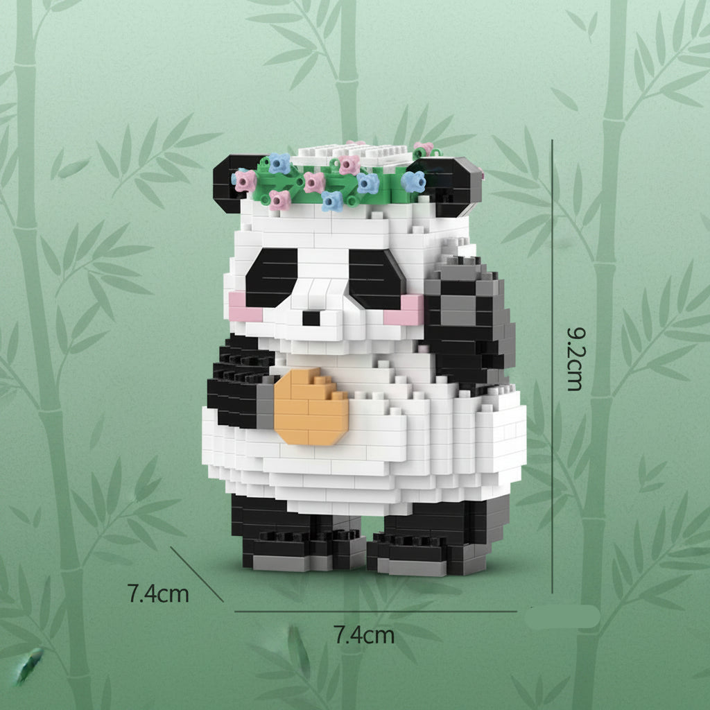 Panda-shaped building block set with measurements on a green background