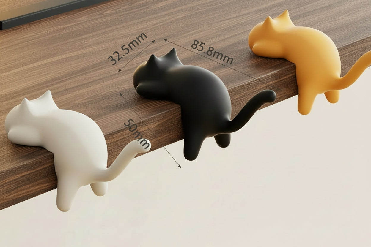 Cat-shaped table side hooks on a desk with measurements and product details.