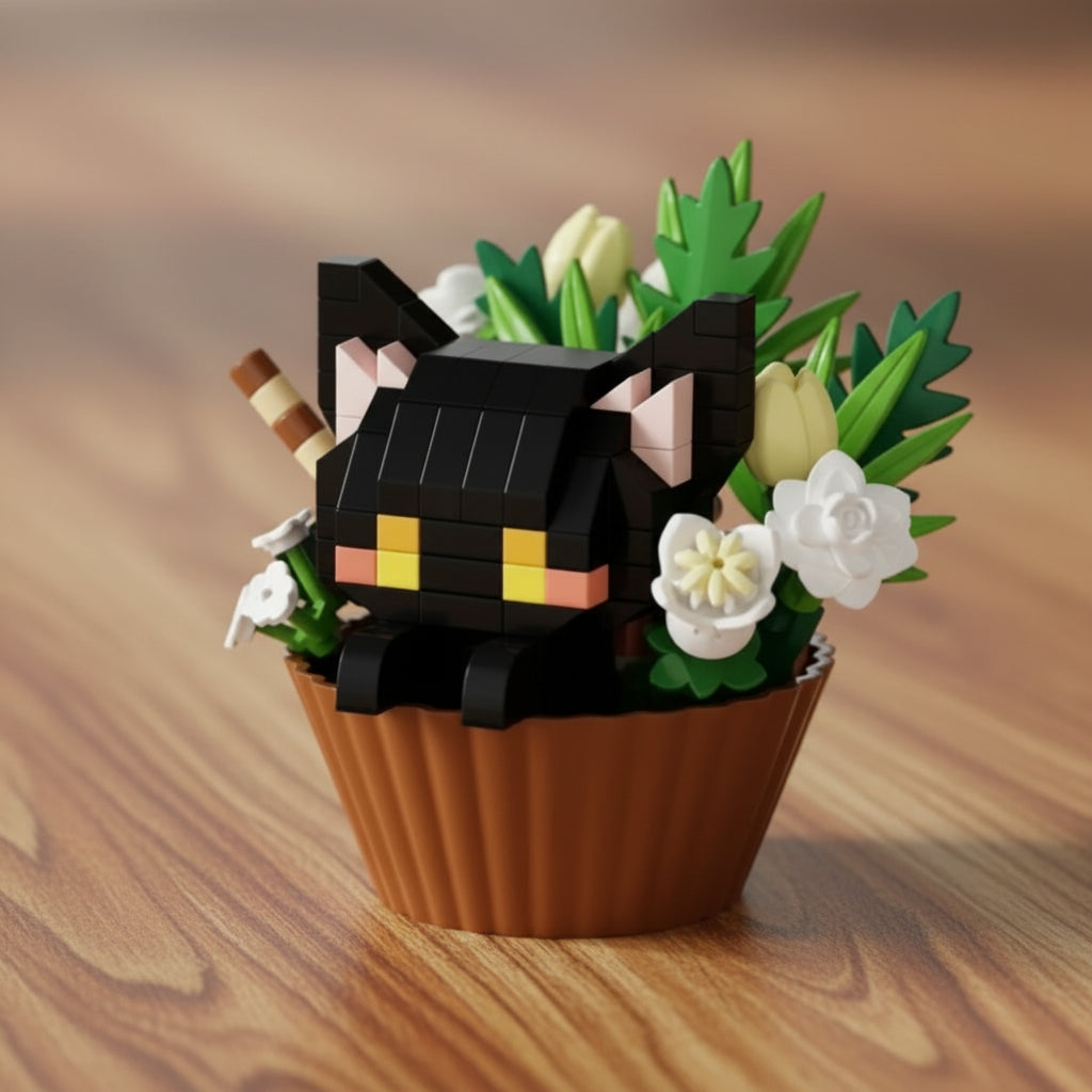 Black cat-shaped toy in a cupcake holder with flowers on a light surface