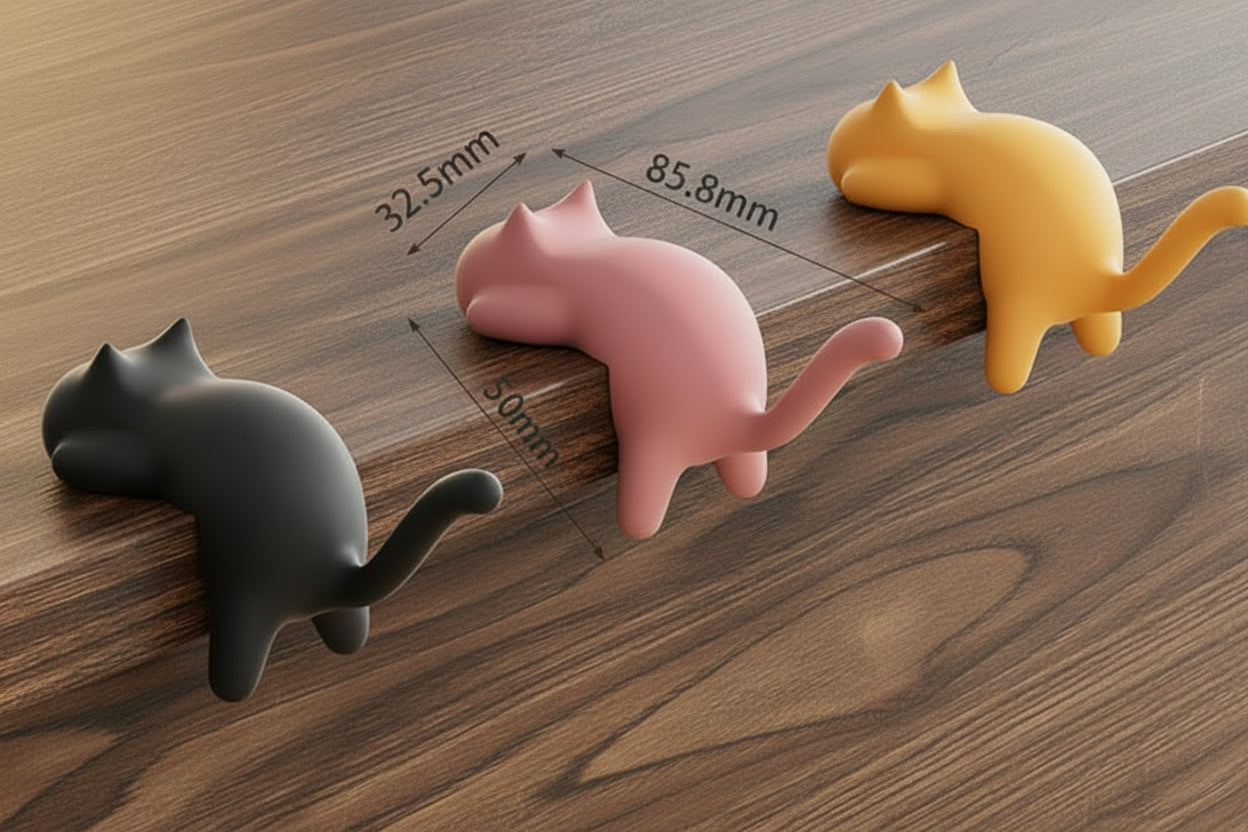 Cat-shaped table side hooks on a desk with measurements and product details.