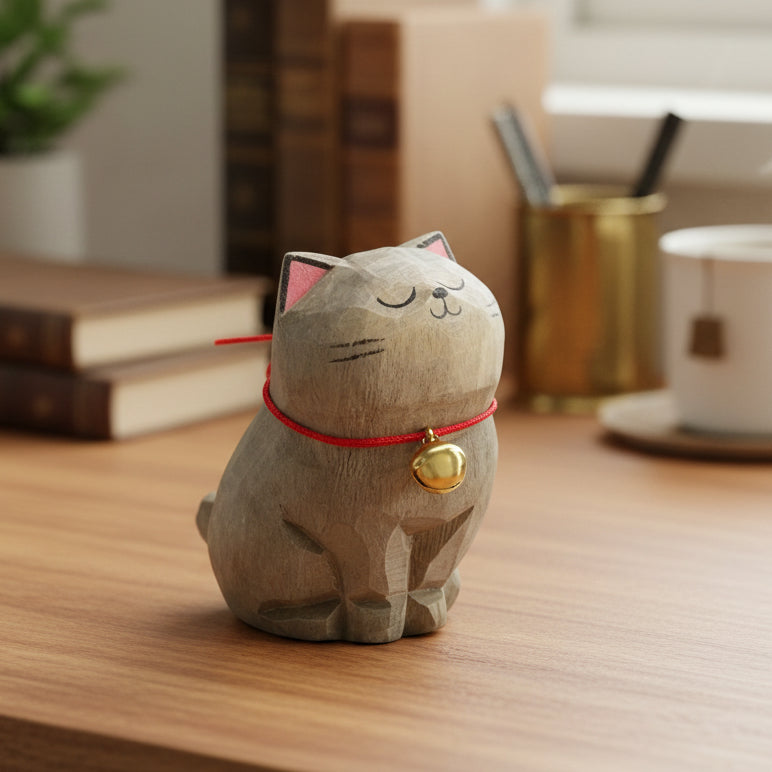 Cat-shaped decorative item with a bell on a car dashboard with a blurred green outdoor background
