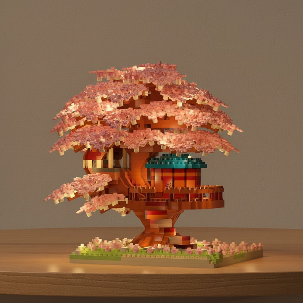 mini brick model of a cherry blossom tree with a small house on a wooden surface.